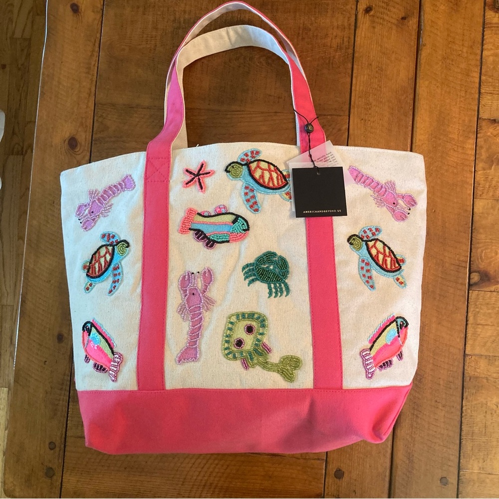NEW America & Beyond Underwater Tales Beaded Boat Bag Sea Animals Beach Tote L - Picture 4 of 14